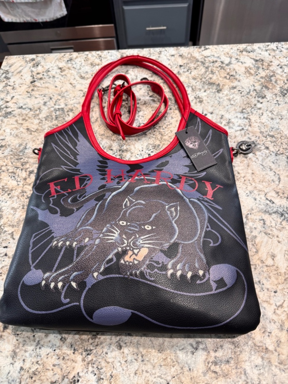 Ed Hardy Black Crossbody Bag with Red Trim and Panther Graphic